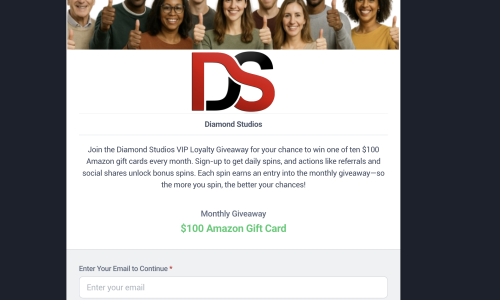 Amoti dashboard tracking plays, shares, referrals, and coupon redemptions for the loyalty giveaway.