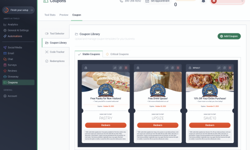 Coupon management dashboard showing active promotions, redemptions, and offer performance.