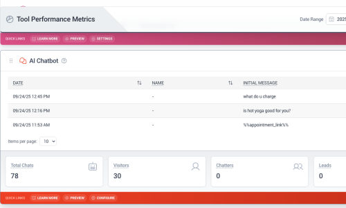 Chatbot setup panel with customizable scripts, branding options, and lead capture integration.